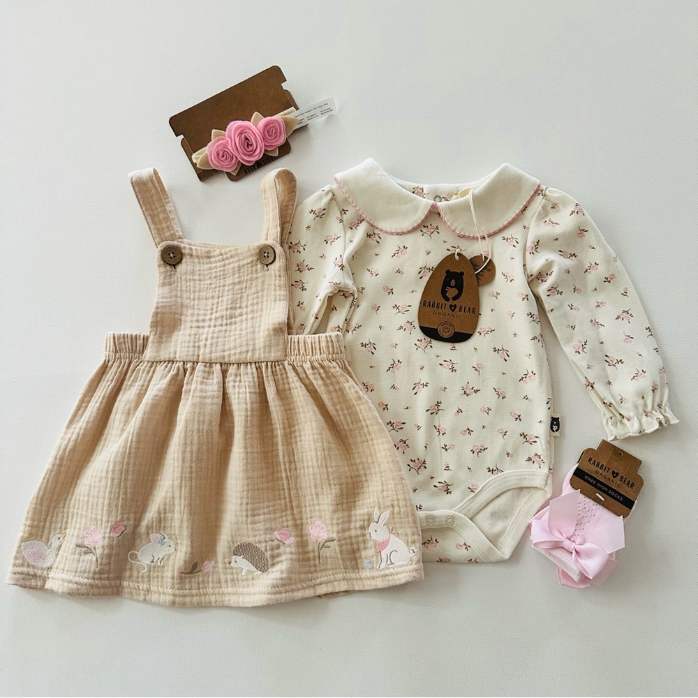 Rabbit & Bear 12 Months Baby Girl Cream Floral Dress Set Socks Spring Outfit